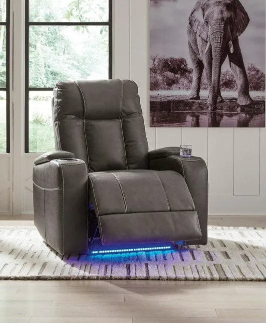 Den Gray Faux Leather Power Recliner w LED & USB Port