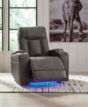 Den Gray Faux Leather Power Recliner w LED & USB Port