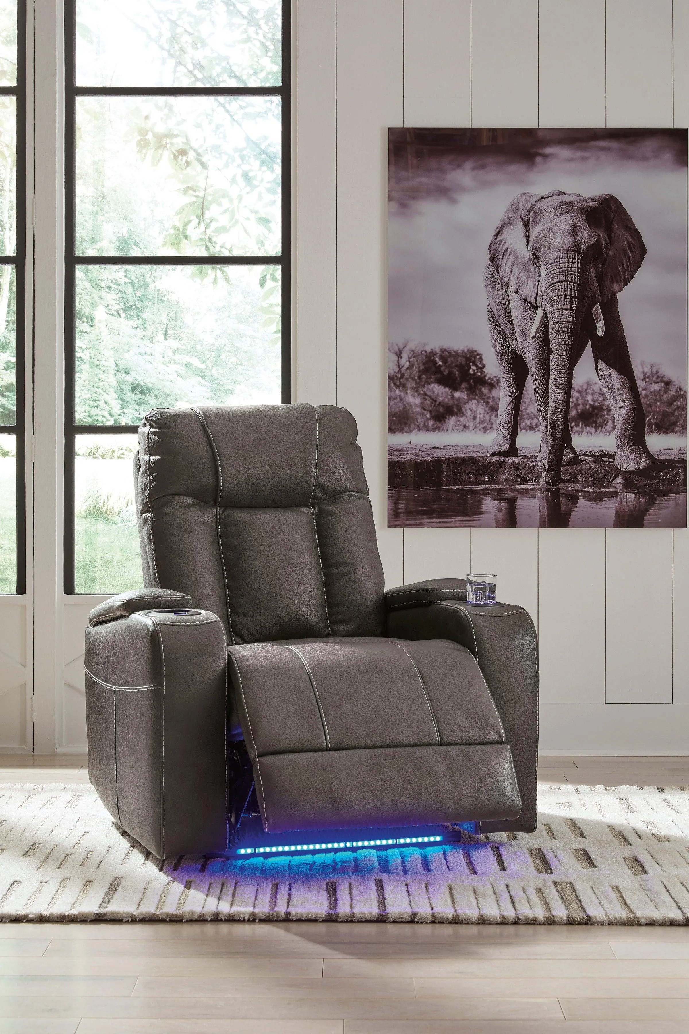Den Gray Faux Leather Power Recliner w LED & USB Port