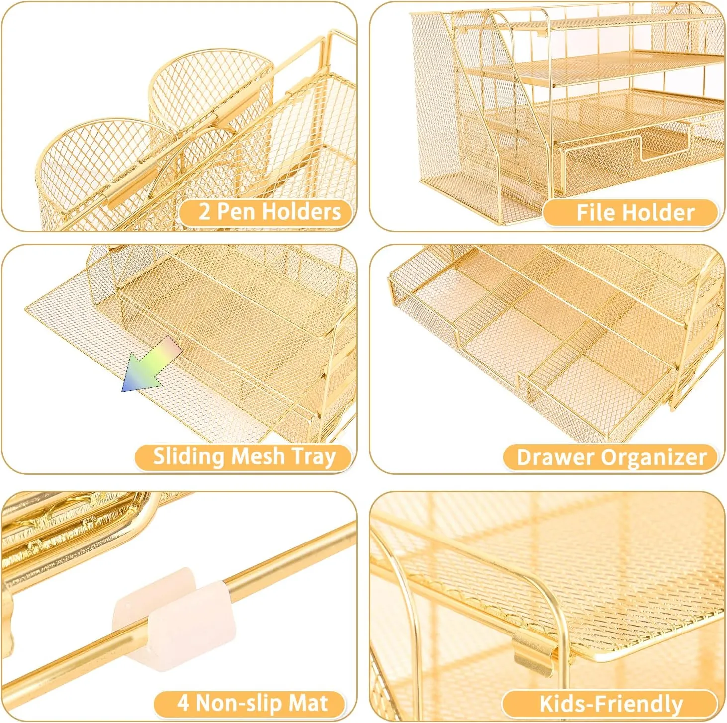 Desk Organizer and Accessories, 4-Tier Desktop File Organizer with Drawer and 2 Pen Holders, Office Desk Accessories for Office Supplies(Gold)