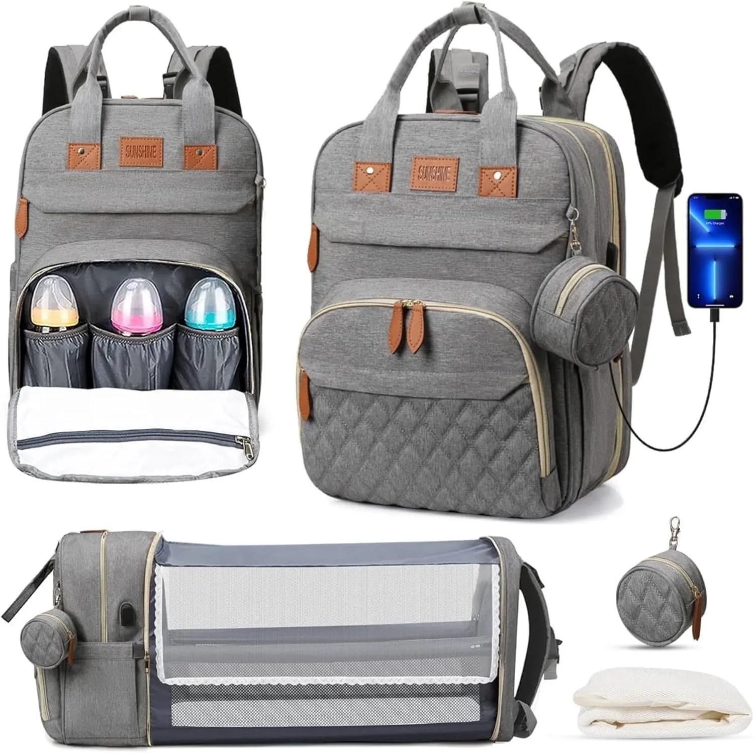 Diaper Bag Backpack. Large Travel Diaper Bag. Multifunctional Waterproof Diaper Bag With Changing Pad, USB Port, Stroller Straps And Pacifier Case. Available For Baby Registry And Baby Shower Gifts.
