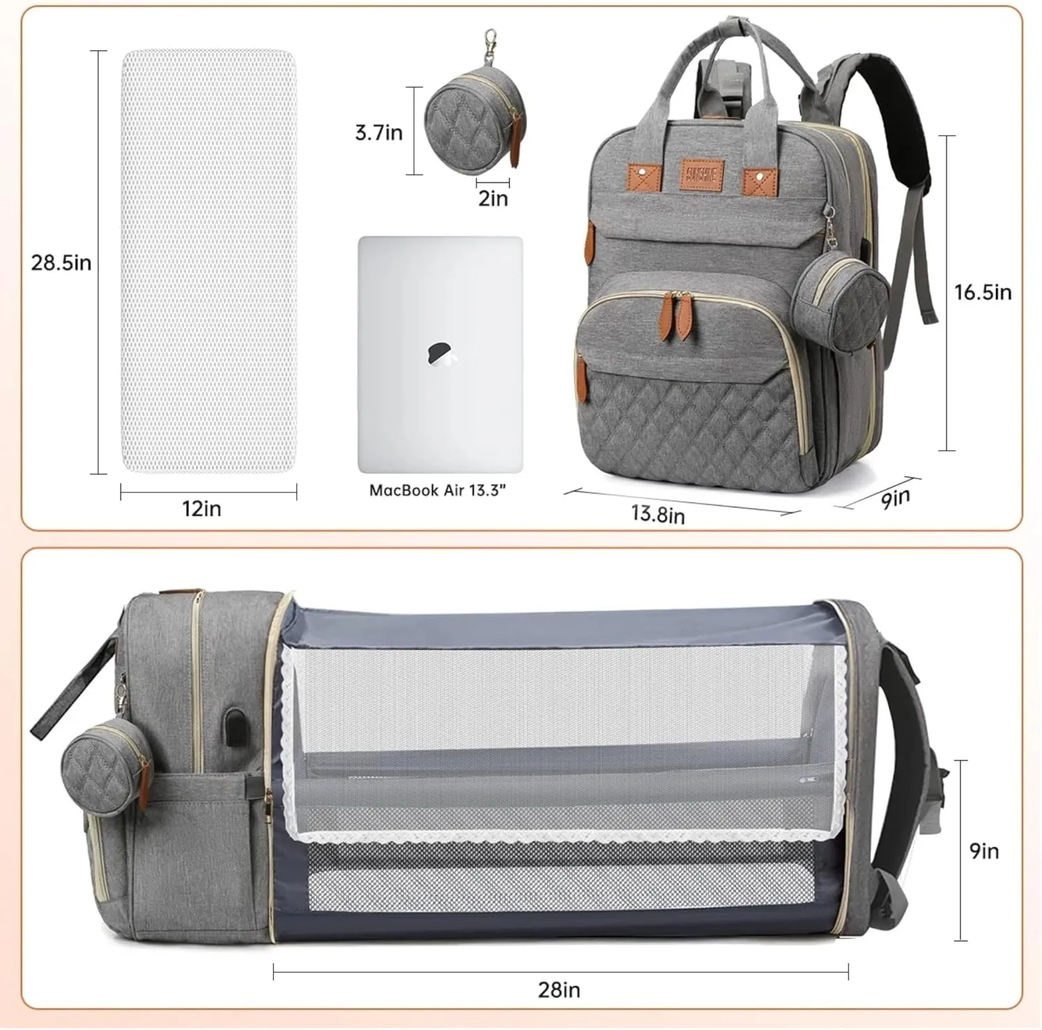 Diaper Bag Backpack. Large Travel Diaper Bag. Multifunctional Waterproof Diaper Bag With Changing Pad, USB Port, Stroller Straps And Pacifier Case. Available For Baby Registry And Baby Shower Gifts.