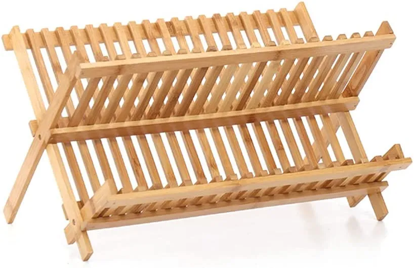 Dish Rack Bamboo Foldable Drainer Drying Dish Holder Plate Utensil Cultery Tray