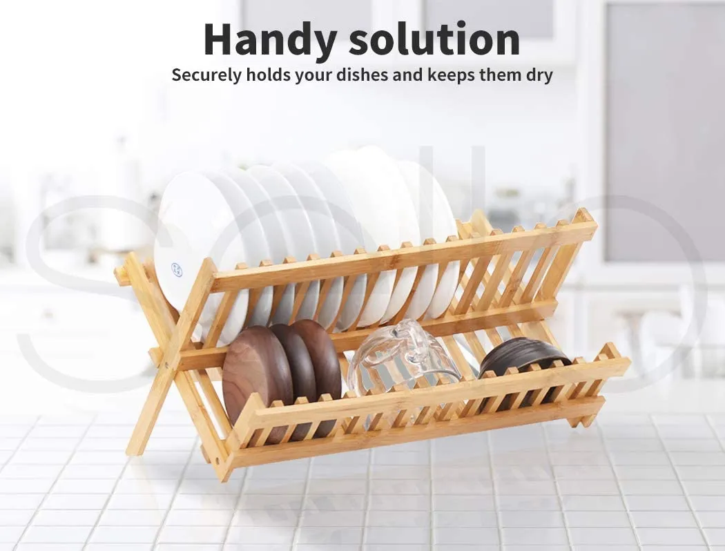 Dish Rack Bamboo Foldable Drainer Drying Dish Holder Plate Utensil Cultery Tray