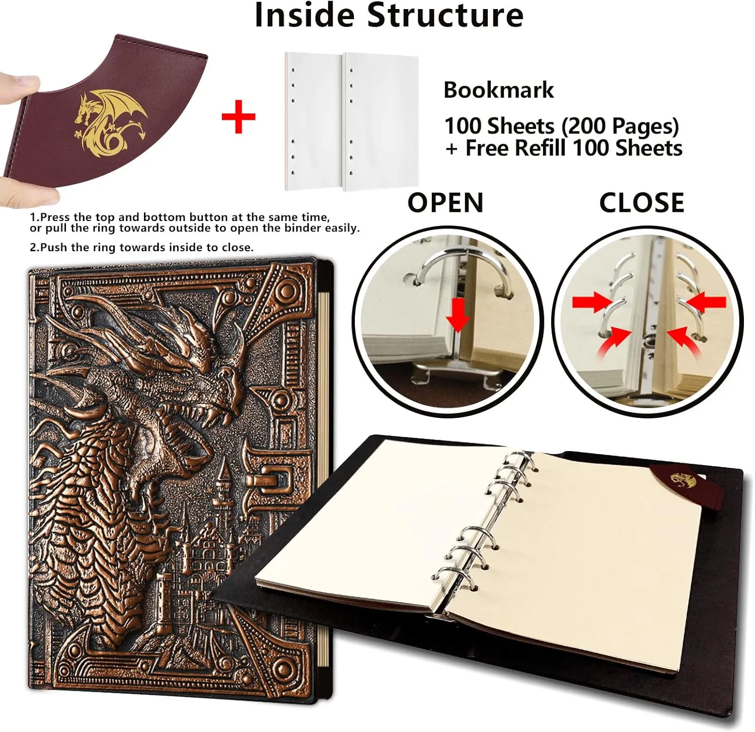 DND Notebook/Journal, Unique 400 Page Book with 3D Dragons Leather Refillable 6-rings binder and Bookmark for dungeons and dragons D&D dice accessories Role Playing Games,Great DND Gifts