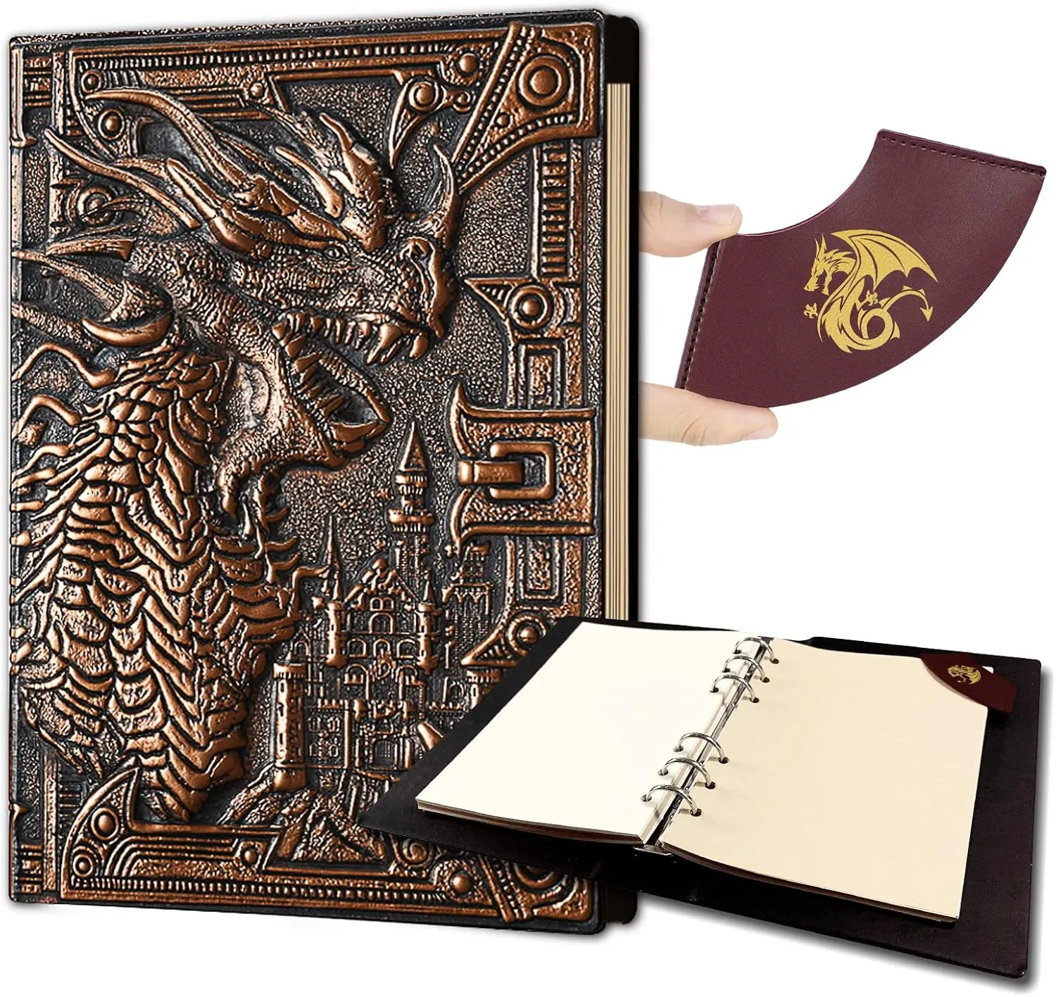 DND Notebook/Journal, Unique 400 Page Book with 3D Dragons Leather Refillable 6-rings binder and Bookmark for dungeons and dragons D&D dice accessories Role Playing Games,Great DND Gifts
