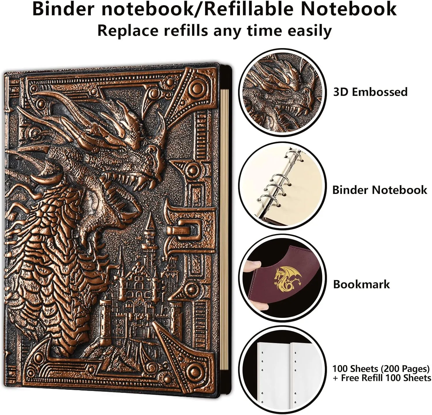 DND Notebook/Journal, Unique 400 Page Book with 3D Dragons Leather Refillable 6-rings binder and Bookmark for dungeons and dragons D&D dice accessories Role Playing Games,Great DND Gifts