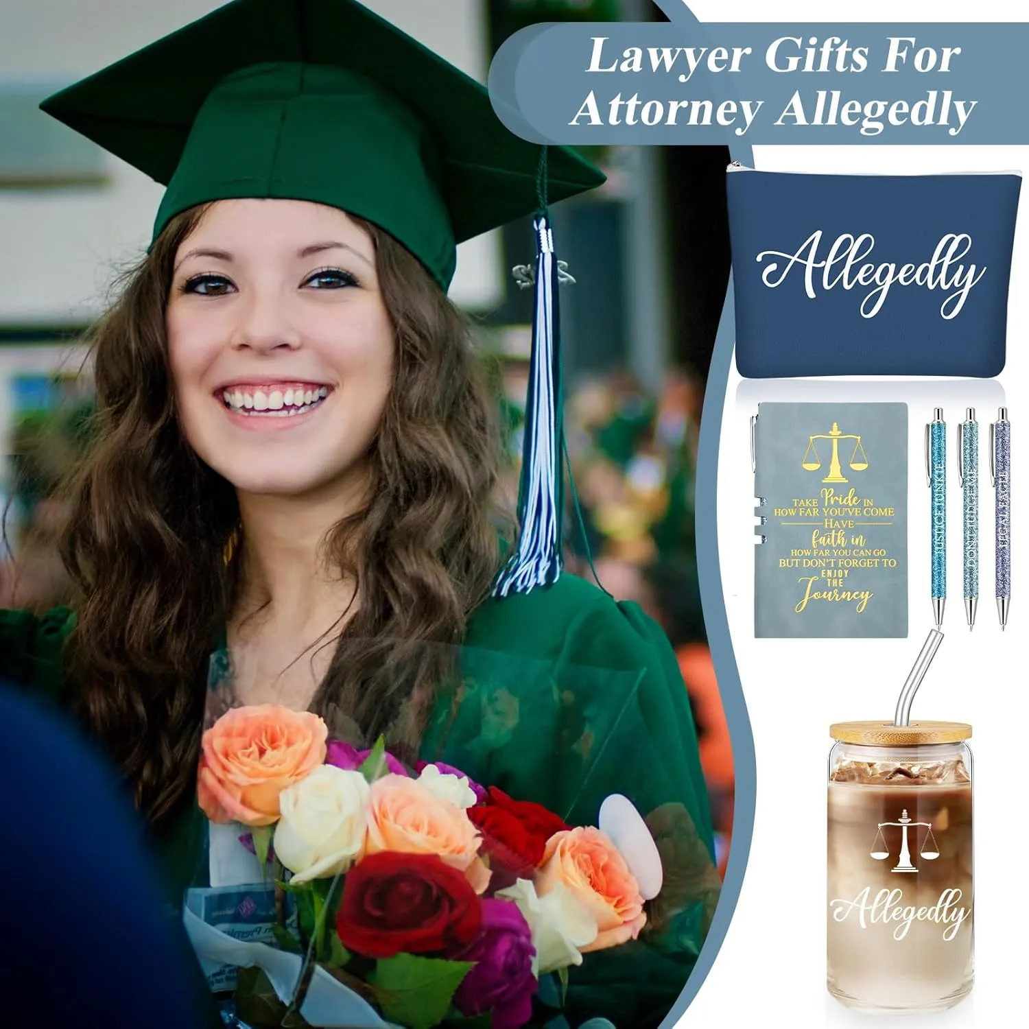 Domensi 6 Pcs Funny Allegedly Lawyer Gift for Women 2025 Graduation Judge Thank You Gift 16 oz Glass Cup Tumbler Makeup Bag Notepad Ballpoint for Paralegal Attorney Law Student Appreciation(Blue)