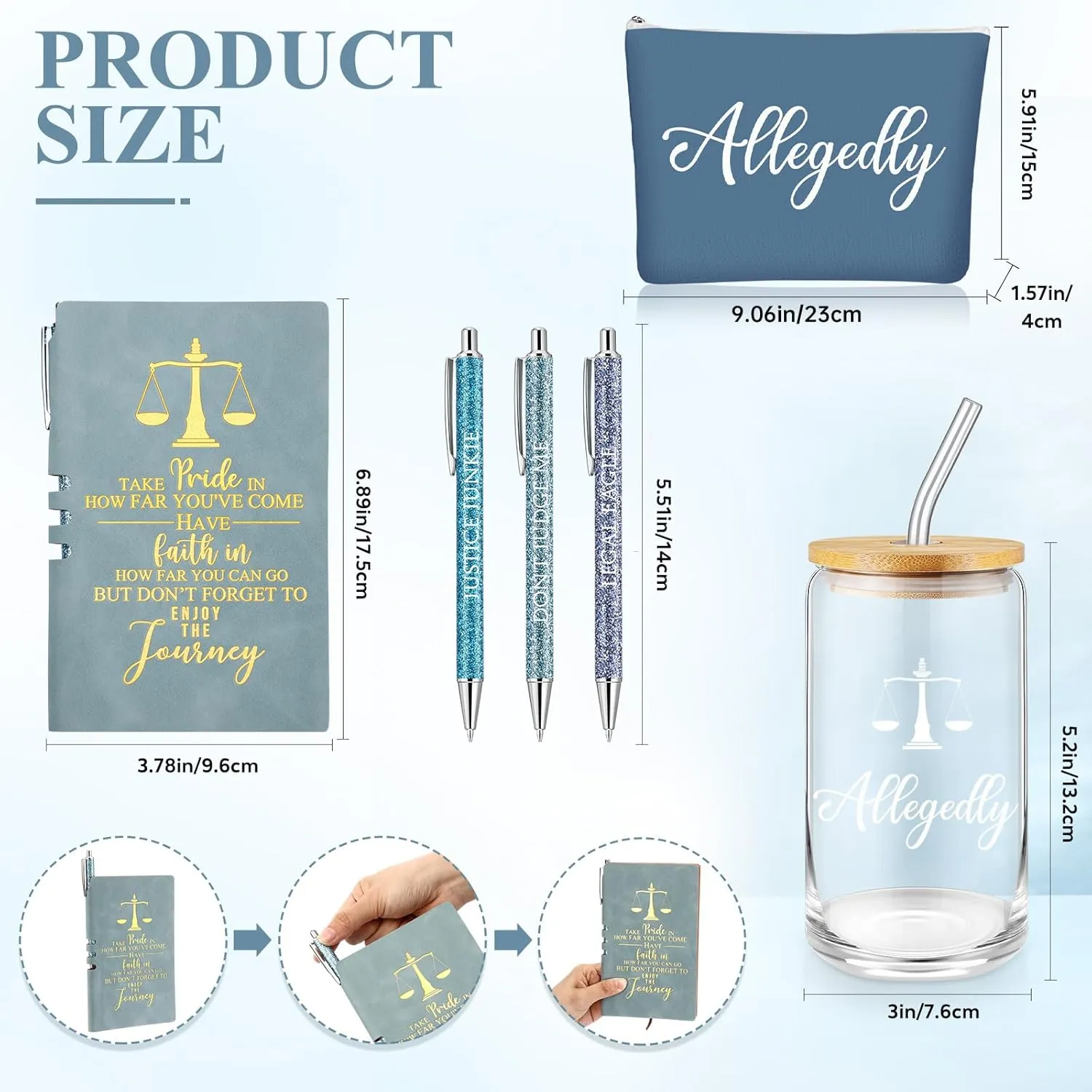Domensi 6 Pcs Funny Allegedly Lawyer Gift for Women 2025 Graduation Judge Thank You Gift 16 oz Glass Cup Tumbler Makeup Bag Notepad Ballpoint for Paralegal Attorney Law Student Appreciation(Blue)