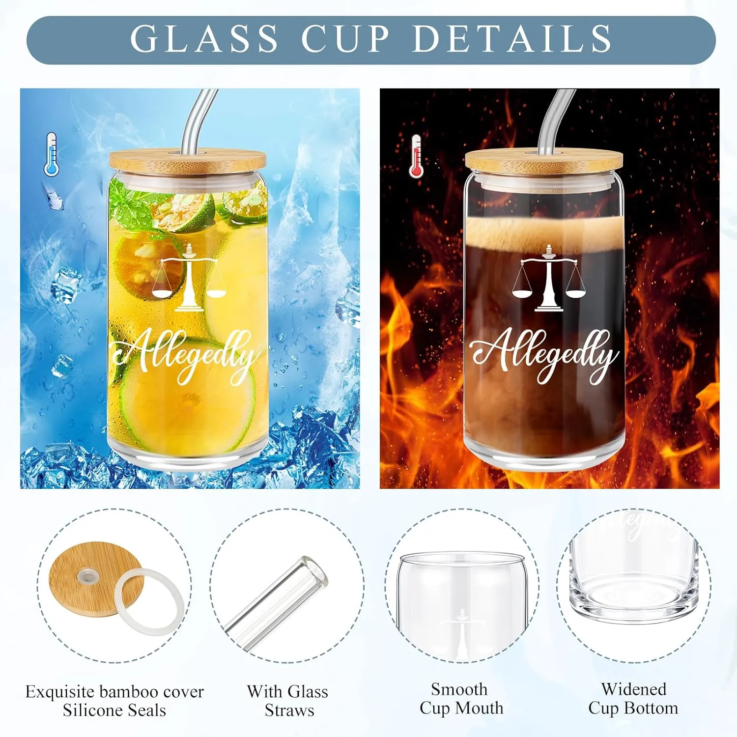 Domensi 6 Pcs Funny Allegedly Lawyer Gift for Women 2025 Graduation Judge Thank You Gift 16 oz Glass Cup Tumbler Makeup Bag Notepad Ballpoint for Paralegal Attorney Law Student Appreciation(Blue)