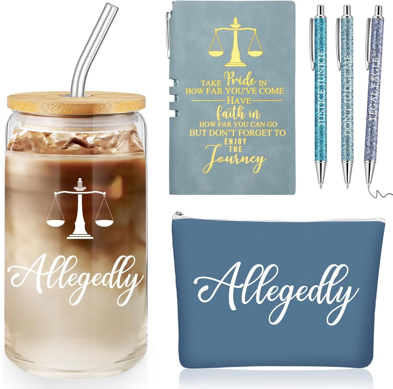 Domensi 6 Pcs Funny Allegedly Lawyer Gift for Women 2025 Graduation Judge Thank You Gift 16 oz Glass Cup Tumbler Makeup Bag Notepad Ballpoint for Paralegal Attorney Law Student Appreciation(Blue)