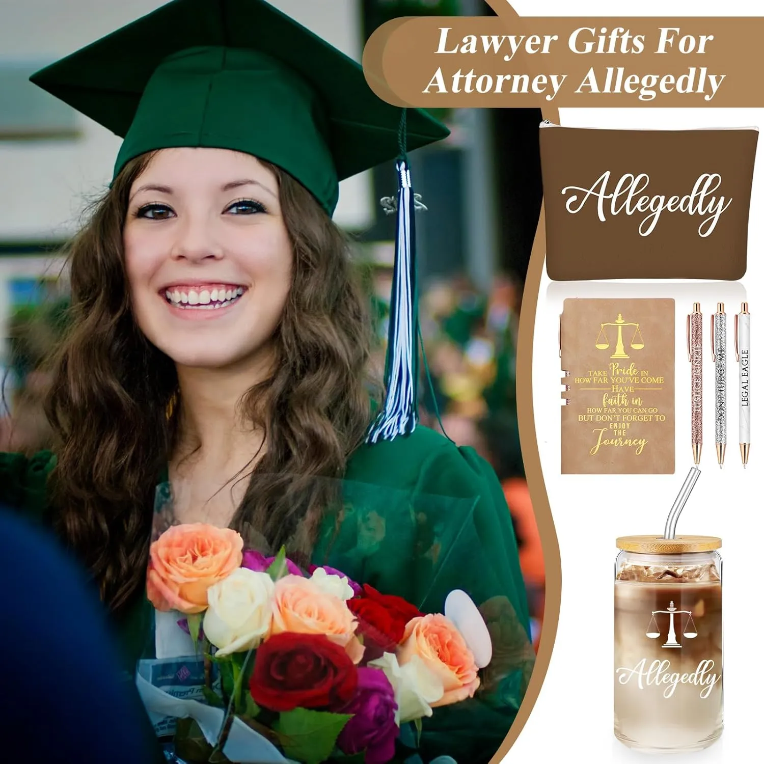 Domensi 6 Pcs Funny Allegedly Lawyer Gift for Women 2025 Graduation Judge Thank You Gift 16 oz Glass Cup Tumbler Makeup Bag Notepad Ballpoint for Paralegal Attorney Law Student Appreciation(Brown)