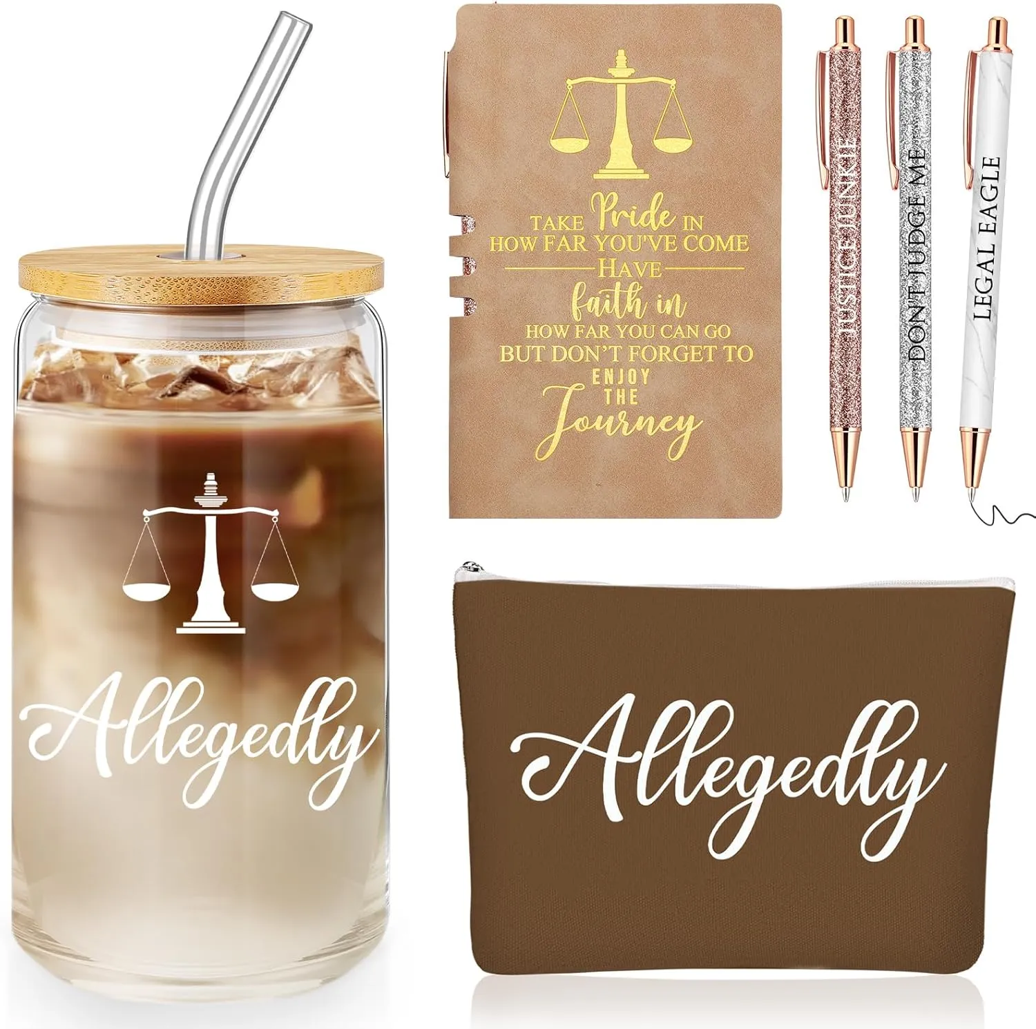 Domensi 6 Pcs Funny Allegedly Lawyer Gift for Women 2025 Graduation Judge Thank You Gift 16 oz Glass Cup Tumbler Makeup Bag Notepad Ballpoint for Paralegal Attorney Law Student Appreciation(Brown)