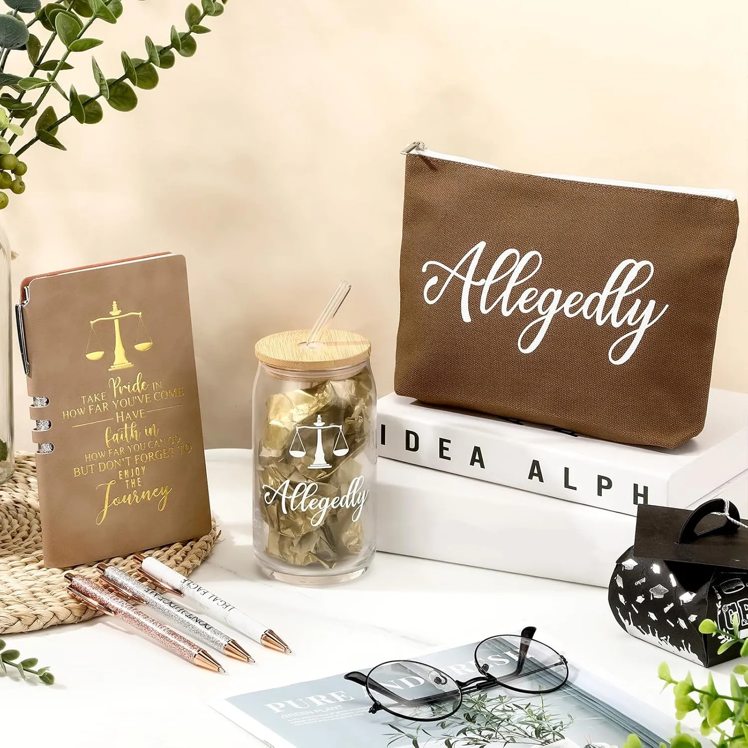 Domensi 6 Pcs Funny Allegedly Lawyer Gift for Women 2025 Graduation Judge Thank You Gift 16 oz Glass Cup Tumbler Makeup Bag Notepad Ballpoint for Paralegal Attorney Law Student Appreciation(Brown)