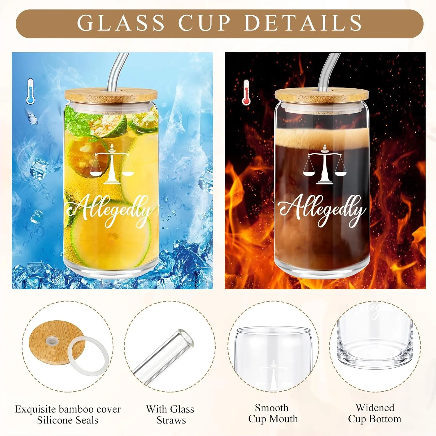 Domensi 6 Pcs Funny Allegedly Lawyer Gift for Women 2025 Graduation Judge Thank You Gift 16 oz Glass Cup Tumbler Makeup Bag Notepad Ballpoint for Paralegal Attorney Law Student Appreciation(Brown)