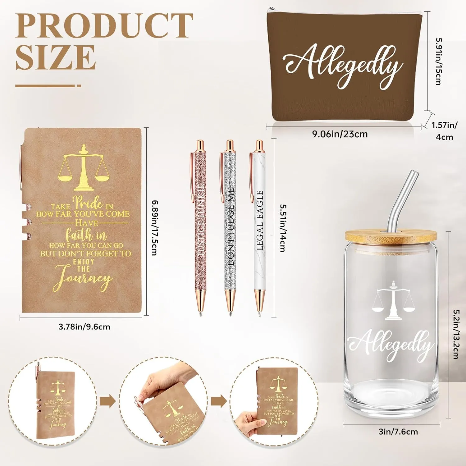 Domensi 6 Pcs Funny Allegedly Lawyer Gift for Women 2025 Graduation Judge Thank You Gift 16 oz Glass Cup Tumbler Makeup Bag Notepad Ballpoint for Paralegal Attorney Law Student Appreciation(Brown)