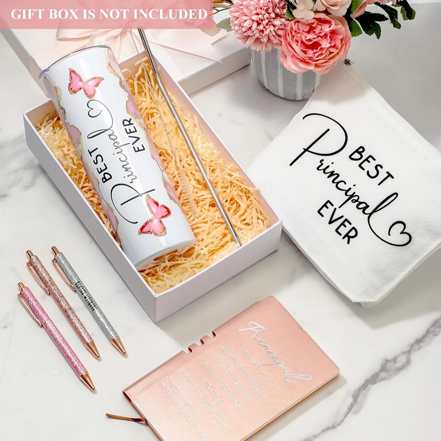 Domensi 6 Pcs Principal Appreciation Gift Set for Women Men Thank You Gift 20oz Rustic Butterfly Marble Sign Tumbler Makeup Bag Journal for School Principal Work Graduation Retirement(Pink)