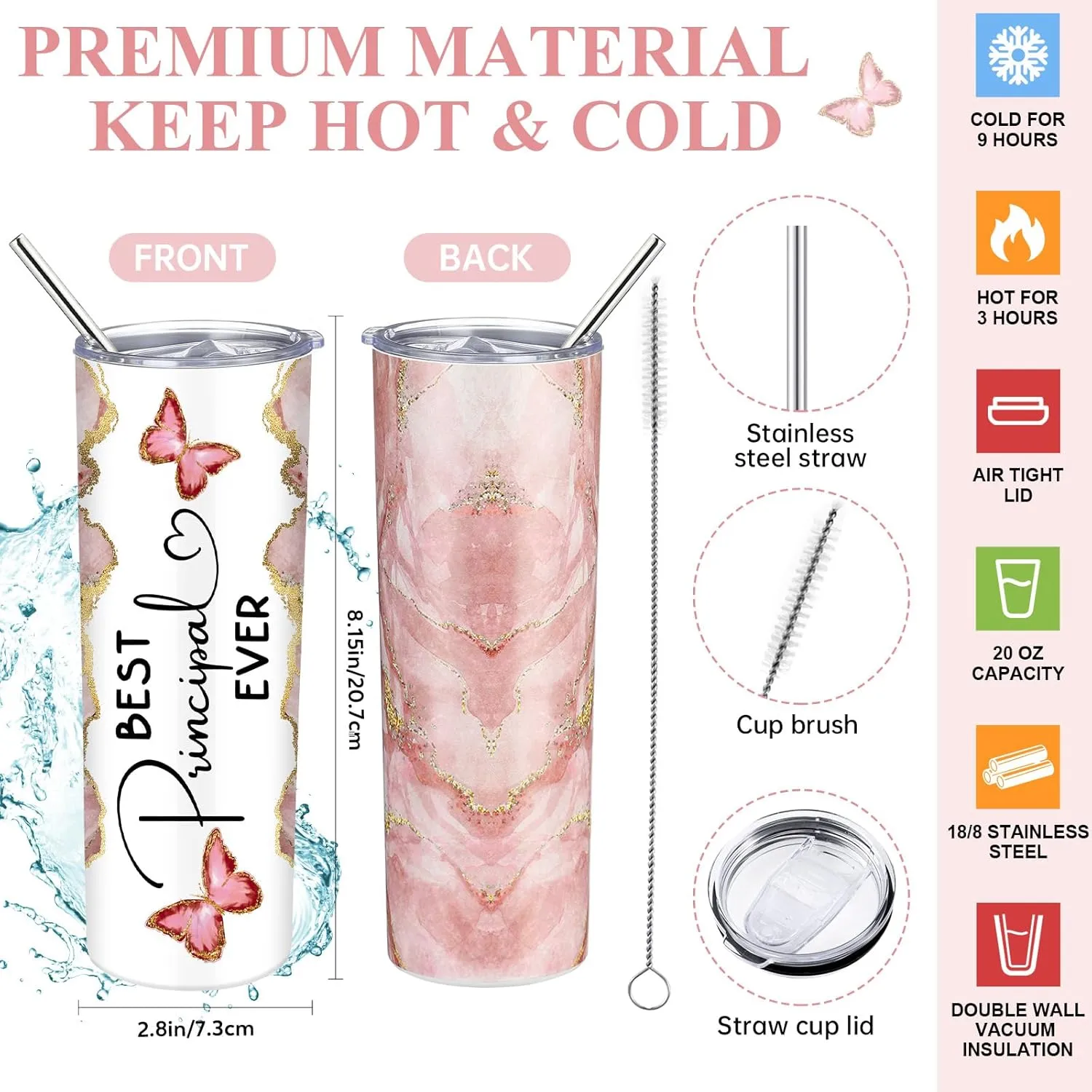 Domensi 6 Pcs Principal Appreciation Gift Set for Women Men Thank You Gift 20oz Rustic Butterfly Marble Sign Tumbler Makeup Bag Journal for School Principal Work Graduation Retirement(Pink)