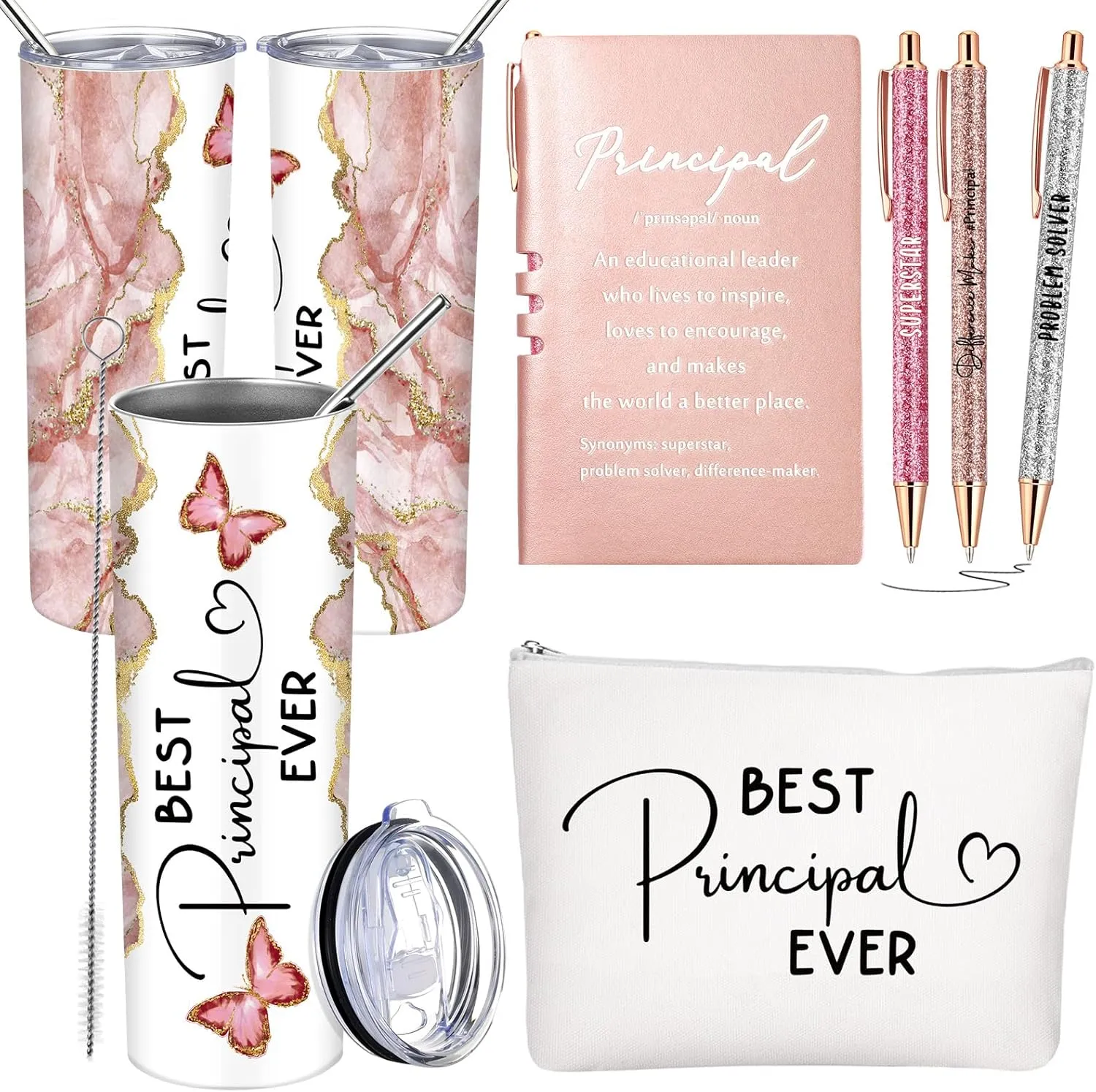 Domensi 6 Pcs Principal Appreciation Gift Set for Women Men Thank You Gift 20oz Rustic Butterfly Marble Sign Tumbler Makeup Bag Journal for School Principal Work Graduation Retirement(Pink)