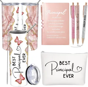 Domensi 6 Pcs Principal Appreciation Gift Set for Women Men Thank You Gift 20oz Rustic Butterfly Marble Sign Tumbler Makeup Bag Journal for School Principal Work Graduation Retirement(Pink)