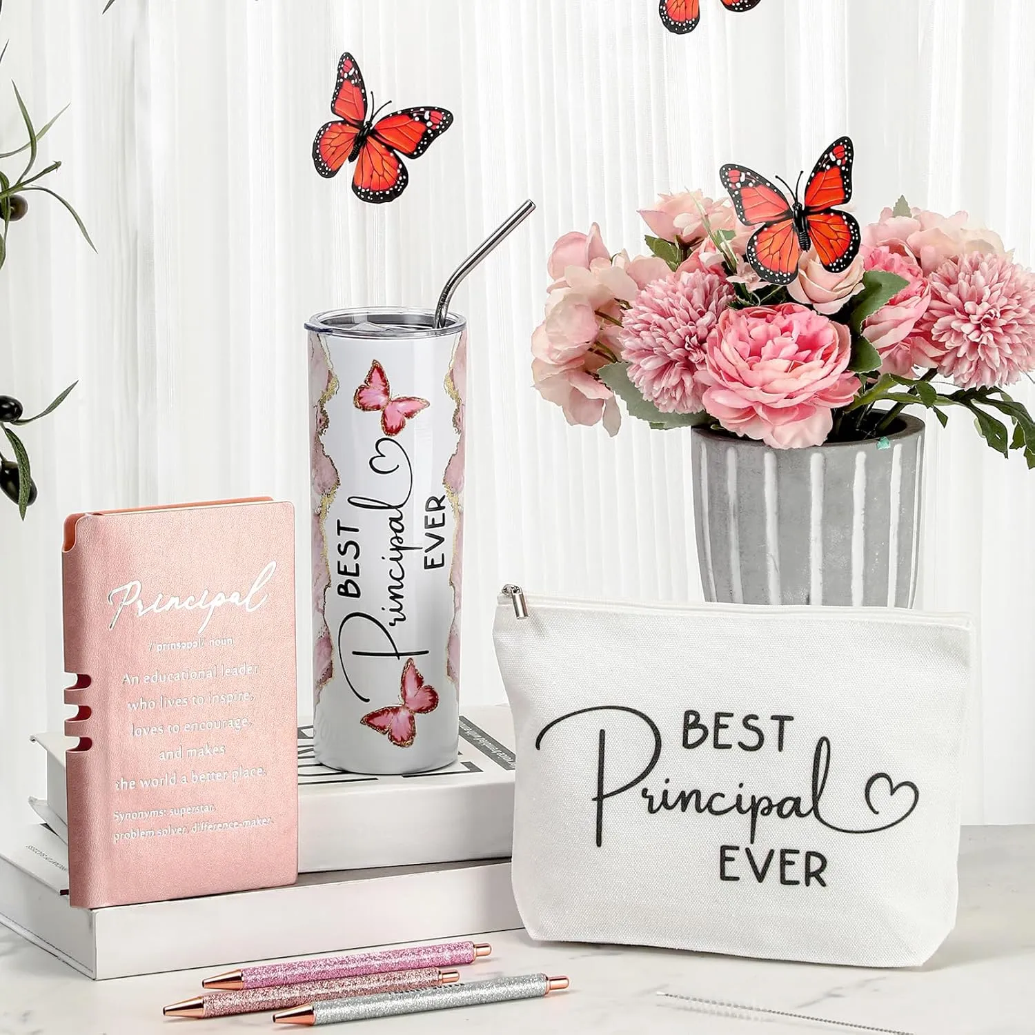 Domensi 6 Pcs Principal Appreciation Gift Set for Women Men Thank You Gift 20oz Rustic Butterfly Marble Sign Tumbler Makeup Bag Journal for School Principal Work Graduation Retirement(Pink)