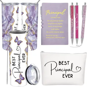 Domensi 6 Pcs Principal Appreciation Gift Set for Women Men Thank You Gift 20oz Rustic Butterfly Marble Sign Tumbler Makeup Bag Journal for School Principal Work Graduation Retirement(Purple)