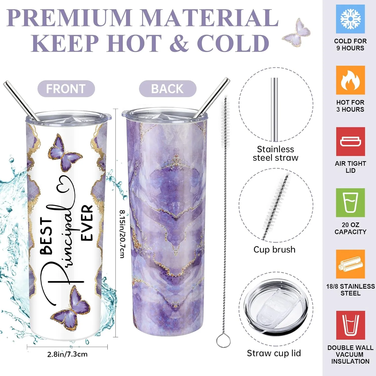 Domensi 6 Pcs Principal Appreciation Gift Set for Women Men Thank You Gift 20oz Rustic Butterfly Marble Sign Tumbler Makeup Bag Journal for School Principal Work Graduation Retirement(Purple)