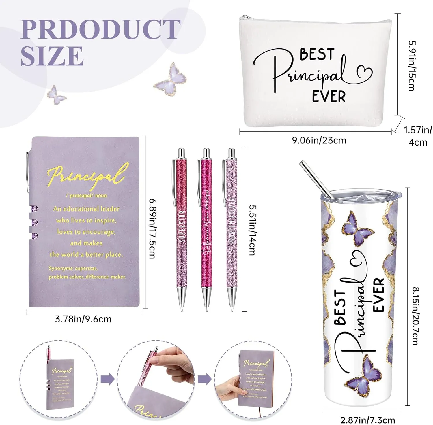 Domensi 6 Pcs Principal Appreciation Gift Set for Women Men Thank You Gift 20oz Rustic Butterfly Marble Sign Tumbler Makeup Bag Journal for School Principal Work Graduation Retirement(Purple)
