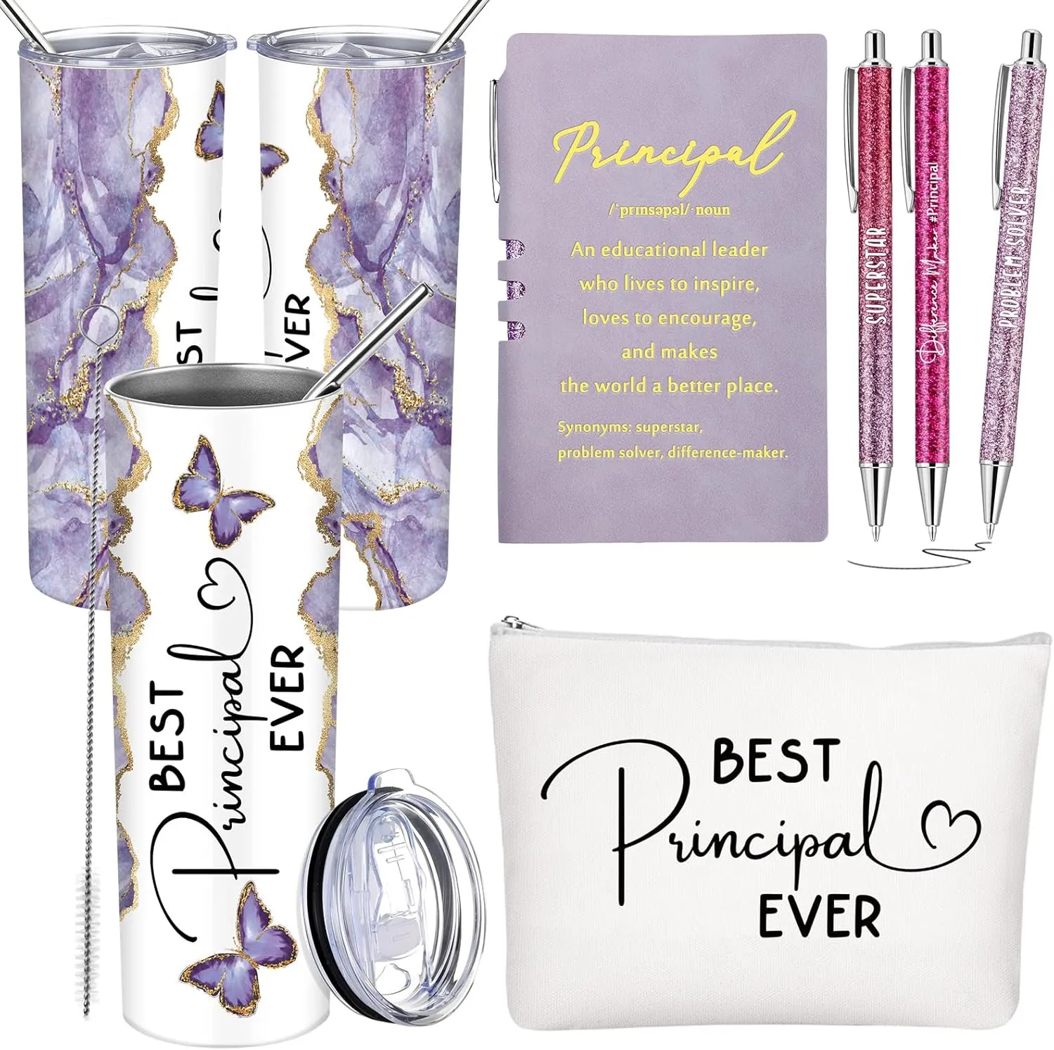 Domensi 6 Pcs Principal Appreciation Gift Set for Women Men Thank You Gift 20oz Rustic Butterfly Marble Sign Tumbler Makeup Bag Journal for School Principal Work Graduation Retirement(Purple)
