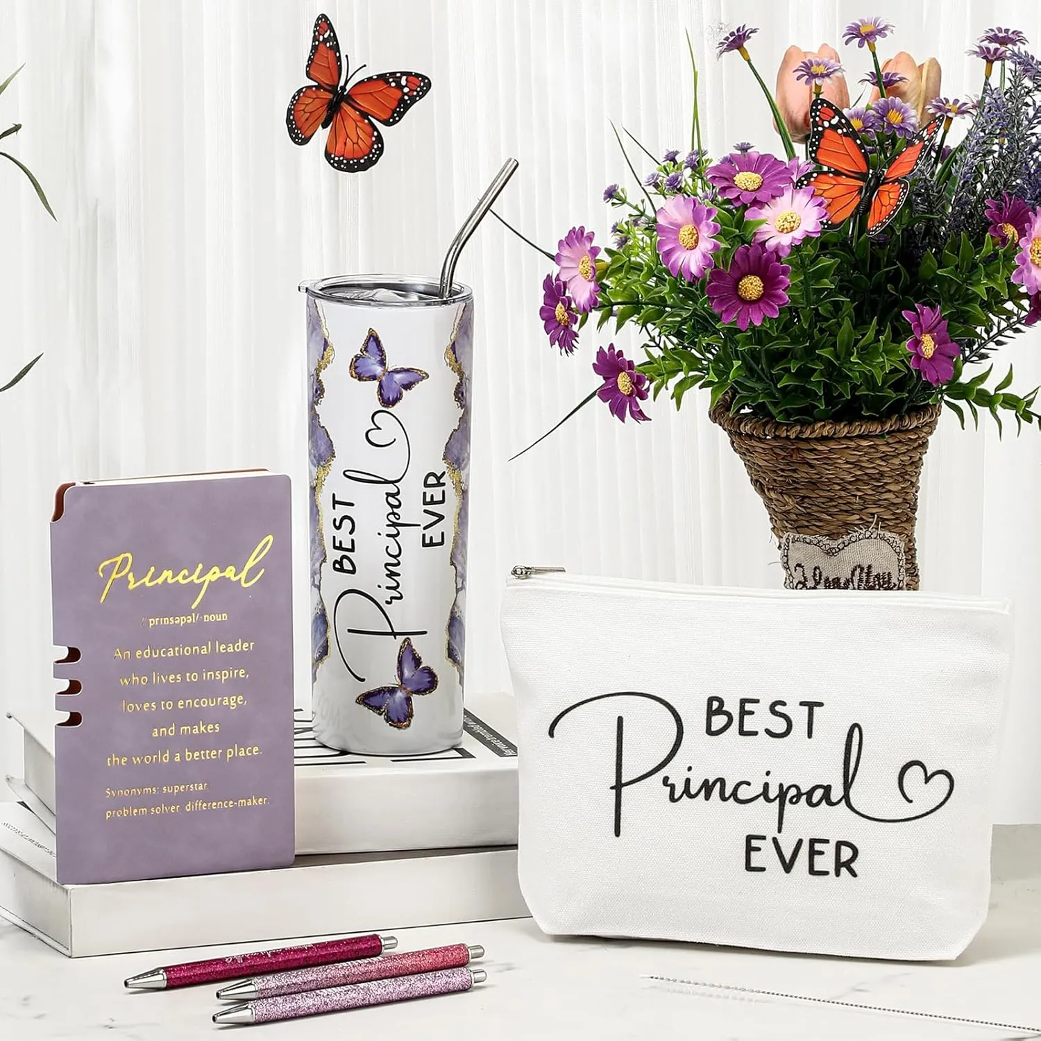 Domensi 6 Pcs Principal Appreciation Gift Set for Women Men Thank You Gift 20oz Rustic Butterfly Marble Sign Tumbler Makeup Bag Journal for School Principal Work Graduation Retirement(Purple)