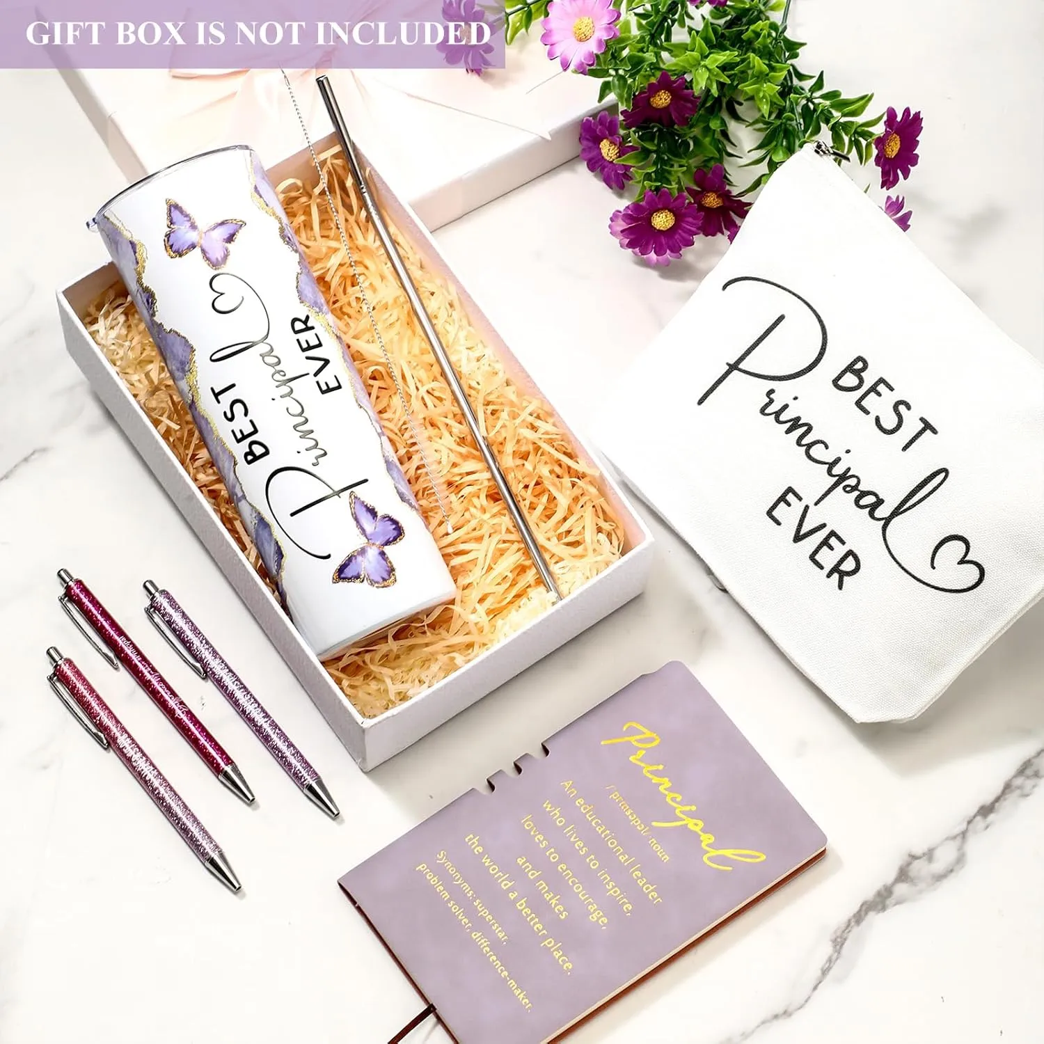 Domensi 6 Pcs Principal Appreciation Gift Set for Women Men Thank You Gift 20oz Rustic Butterfly Marble Sign Tumbler Makeup Bag Journal for School Principal Work Graduation Retirement(Purple)