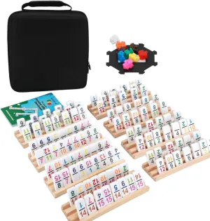 Double 15 Dominos for Kids, 136 Colored Number Tiles Domino Set with 8 Wooden Racks,in Portable Cases for Travel，Classic Family Strategy Board Game for Ages Kids & Adults