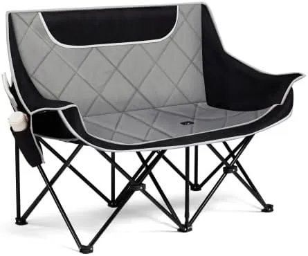Double Camping Chair 2-in-1 Folding Camp Couch Loveseat Heavy-Duty 440lbs Portable Padded Outdoor Seats with Dual Cup Holders for BeachPatio& BackyardQuick-Setup