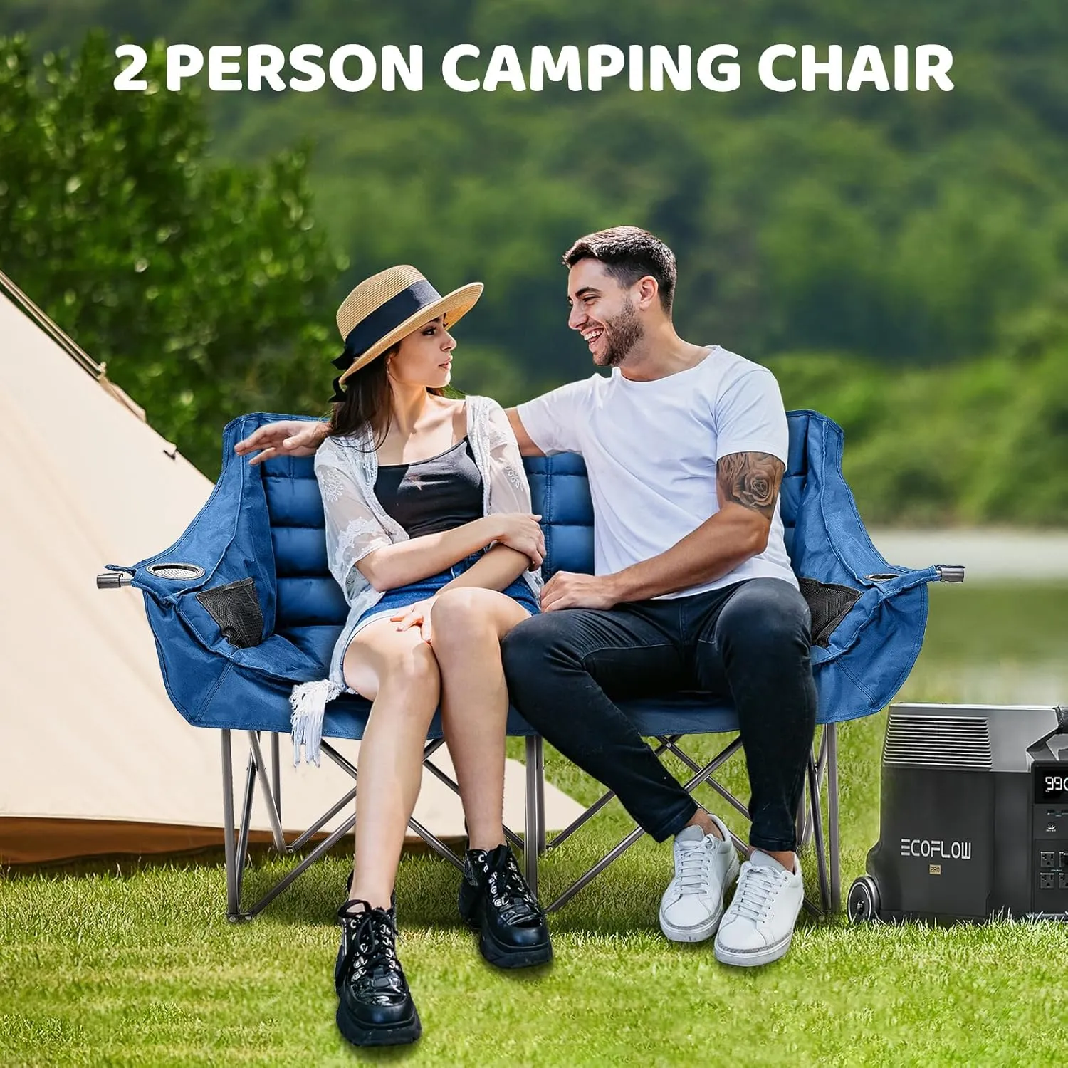 Double Camping Chair for Adults, 2 Person Loveseat Camping Chair with Cup & Wine Glass Holder, Portable Padded Double Folding Lawn Chair for Outdoor Camp Picnic Sports, Support 500LBS (Blue)