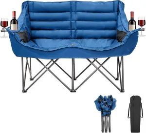 Double Camping Chair for Adults, 2 Person Loveseat Camping Chair with Cup & Wine Glass Holder, Portable Padded Double Folding Lawn Chair for Outdoor Camp Picnic Sports, Support 500LBS (Blue)
