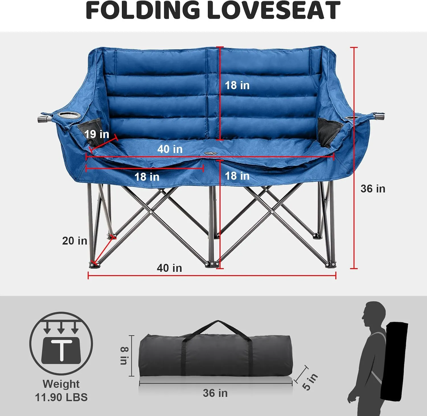 Double Camping Chair for Adults, 2 Person Loveseat Camping Chair with Cup & Wine Glass Holder, Portable Padded Double Folding Lawn Chair for Outdoor Camp Picnic Sports, Support 500LBS (Blue)