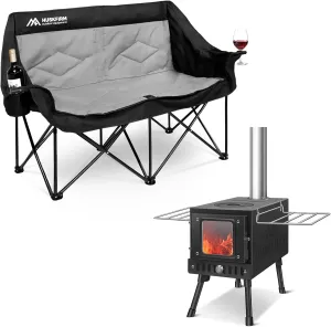 Double Camping Chair Oversized Loveseat & Wood Burning Stove Folding Wood Stove for Tent, Cooking, Courtyard, Camping