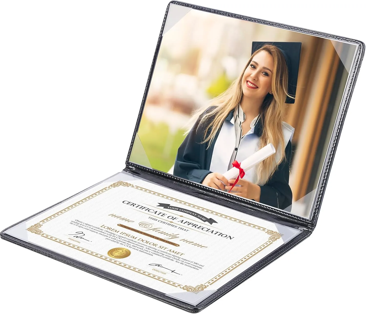 Double-Sided Diploma of Graduation Holder, Leatherette Padded Certificate Covers with Plastic Protector Sheet, 8.5 x 11 Letter Size, Black