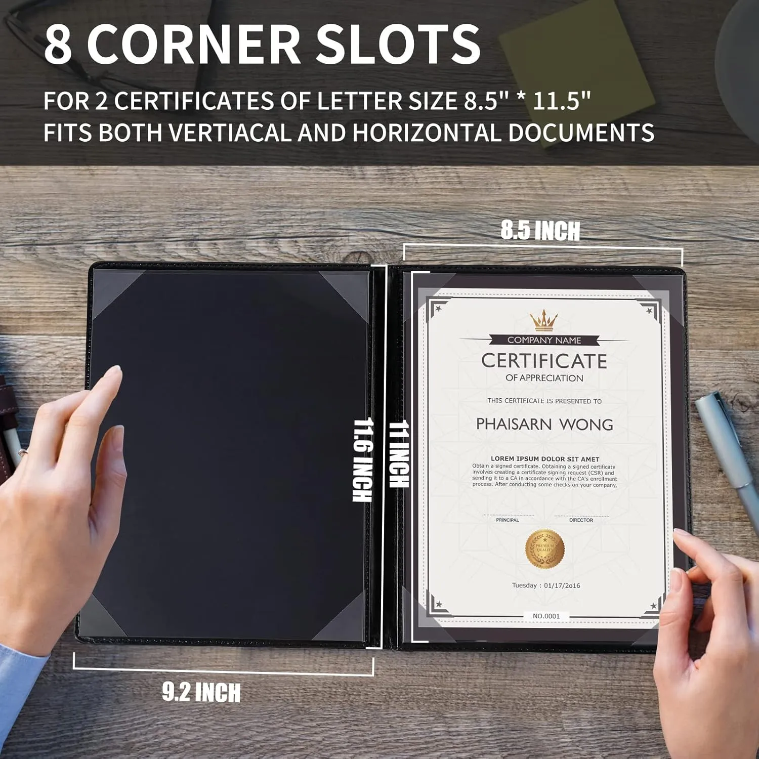 Double-Sided Diploma of Graduation Holder, Leatherette Padded Certificate Covers with Plastic Protector Sheet, 8.5 x 11 Letter Size, Black