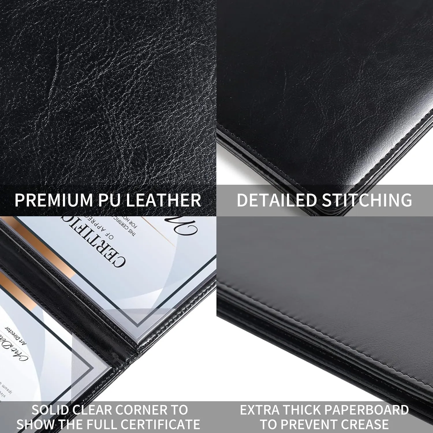 Double-Sided Diploma of Graduation Holder, Leatherette Padded Certificate Covers with Plastic Protector Sheet, 8.5 x 11 Letter Size, Black