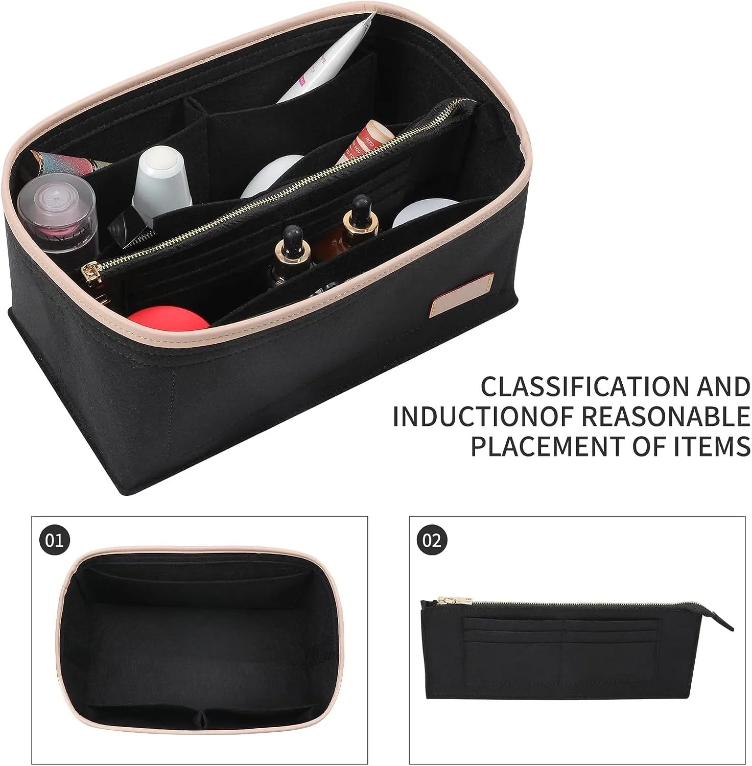 Doxo Purse Organizer Insert & Base Shaper 2pc Set, Felt Handbag Bag Fit LV Speedy Neverfull (L-Black)