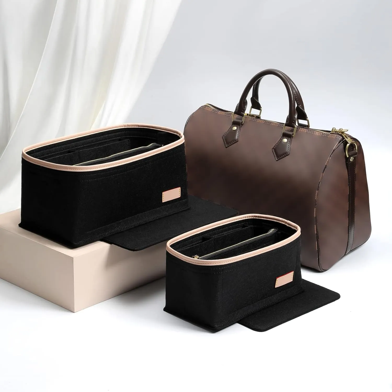 Doxo Purse Organizer Insert & Base Shaper 2pc Set, Felt Handbag Bag Fit LV Speedy Neverfull (L-Black)