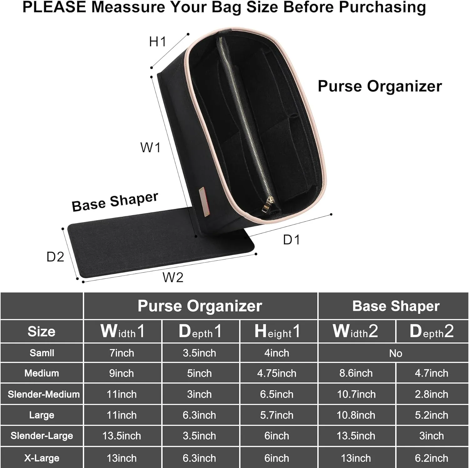 Doxo Purse Organizer Insert & Base Shaper 2pc Set, Felt Handbag Bag Fit LV Speedy Neverfull (L-Black)