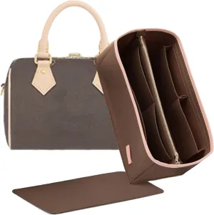Doxo Purse Organizer Insert for Handbags & base shaper 2pc Set with Zipper,Felt Bag Organizer for Tote,with 6 Sizes 6 Colors,for Speedy 25/30/35 ONTHEGO More(Brown-L)
