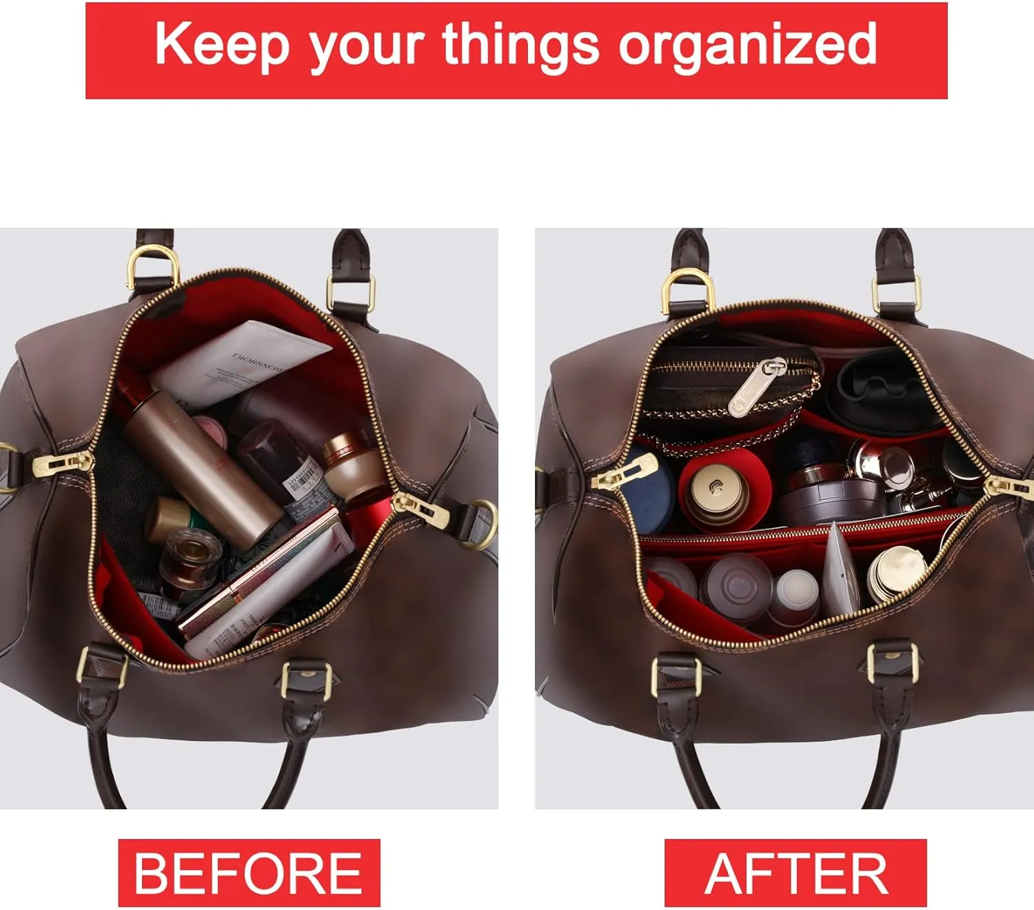 Doxo Purse Organizer Insert for Handbags & Base Shaper Combination,Tote Bag Organizer Insert with 6 Sizes,Compatible with LV Speedy 25 & Neverfull PM ON THE GO and More(Red-Medium)