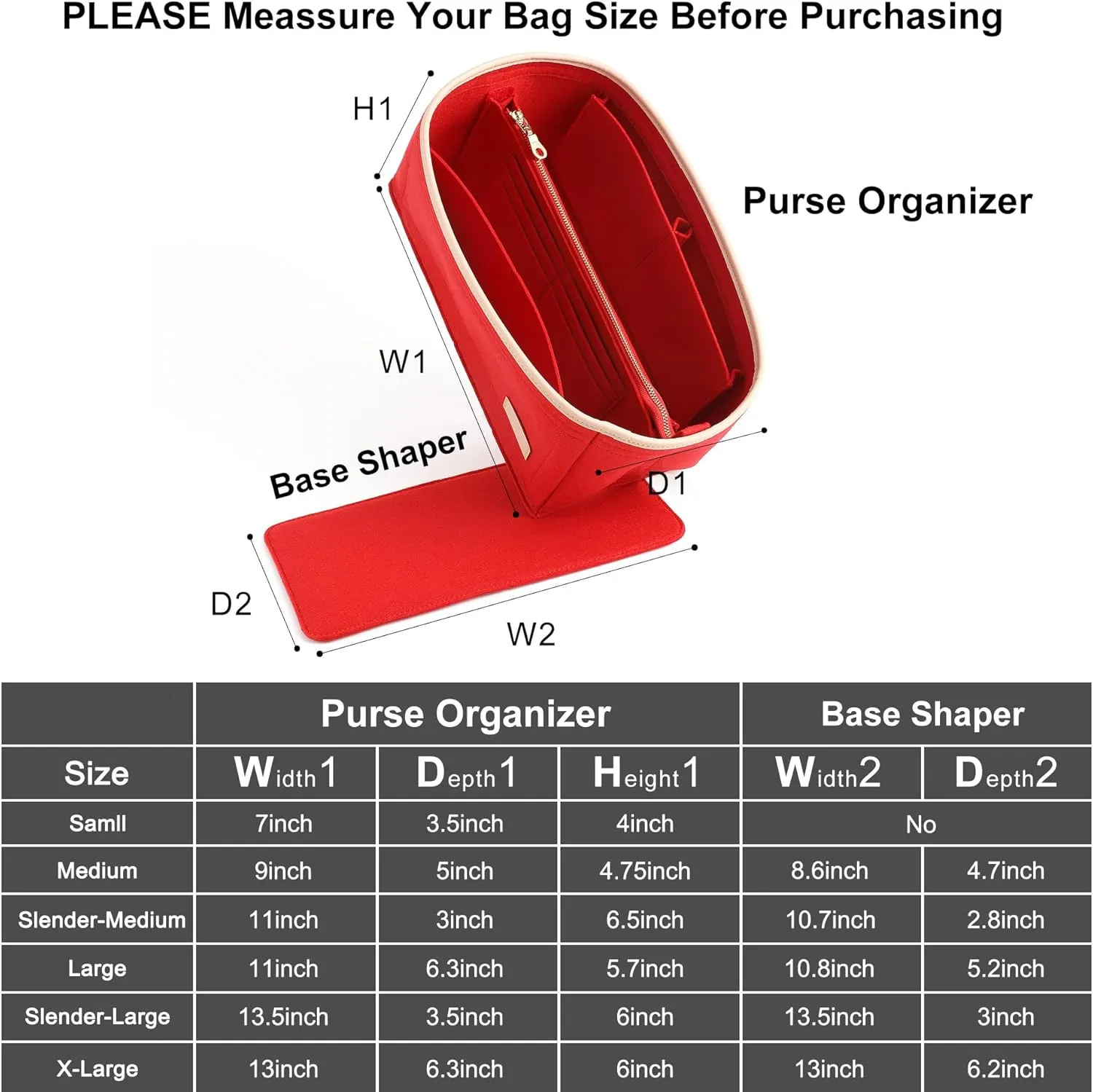 Doxo Purse Organizer Insert for Handbags & Base Shaper Combination,Tote Bag Organizer Insert with 6 Sizes,Compatible with LV Speedy 25 & Neverfull PM ON THE GO and More(Red-Medium)