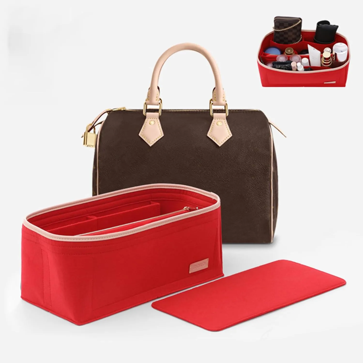 Doxo Purse Organizer Insert for Handbags & Base Shaper Combination,Tote Bag Organizer Insert with 6 Sizes,Compatible with LV Speedy 25 & Neverfull PM ON THE GO and More(Red-Medium)