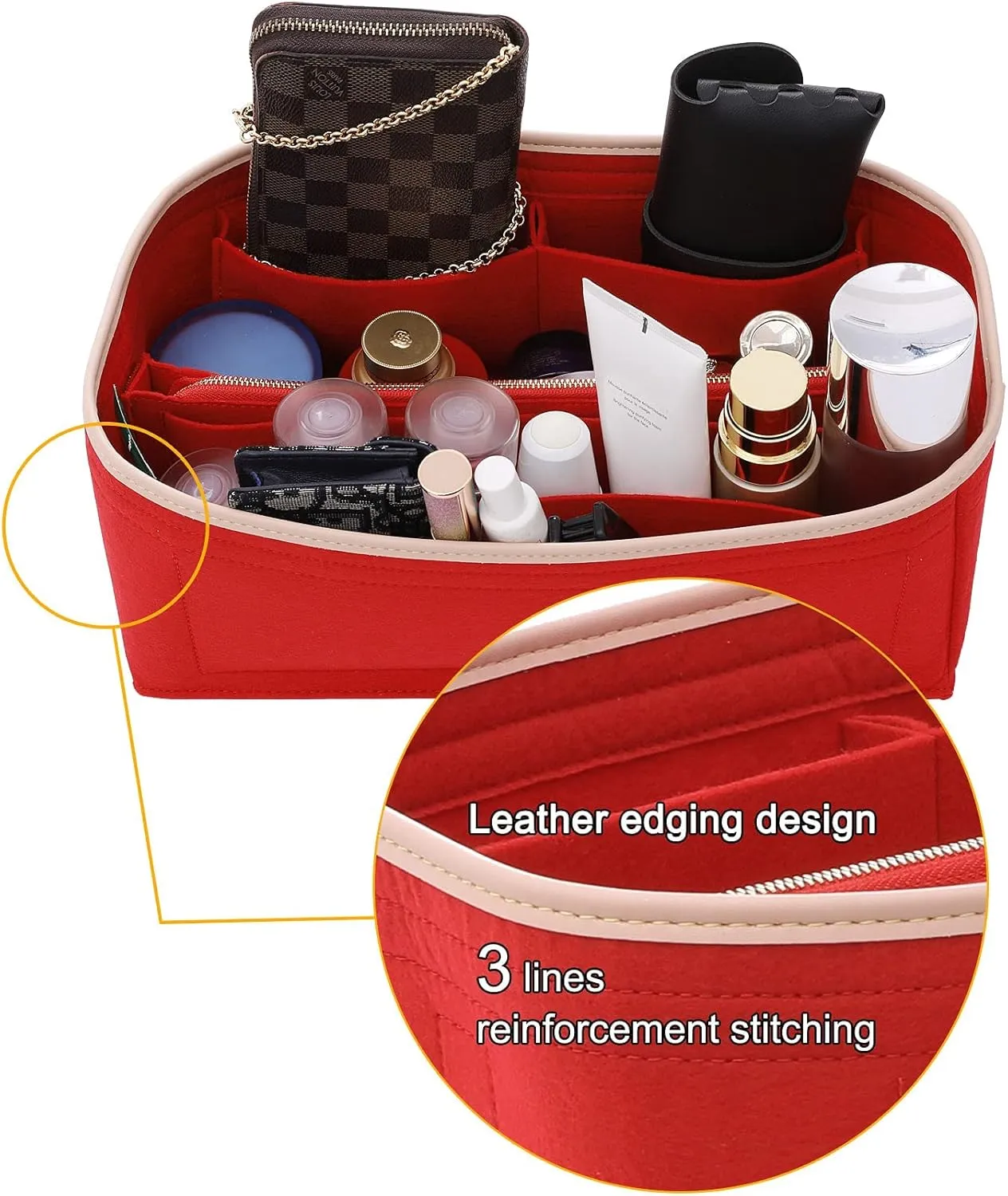 Doxo Purse Organizer Insert for Handbags & Base Shaper Combination,Tote Bag Organizer Insert with 6 Sizes,Compatible with LV Speedy 25 & Neverfull PM ON THE GO and More(Red-Medium)
