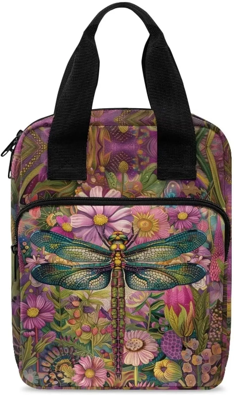 Dragonfly Flower Bible Cover for Women Large Bible Case with Front Zip Pocket Womens Bible Holder Lightweight Tote Bible Bag for Traveling, Hiking