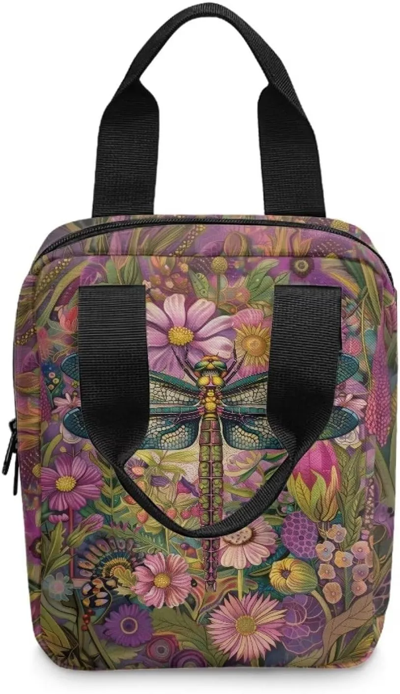 Dragonfly Flower Bible Cover for Women Large Bible Case with Front Zip Pocket Womens Bible Holder Lightweight Tote Bible Bag for Traveling, Hiking